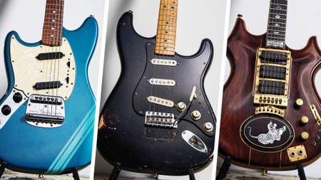 The Jim Irsay Collection's three big stars of the night [L-R]: Kurt Cobain's 1969 Mustang, David Gilmour's record-breaking Black Strat, and Jerry Garcia's Tiger.
