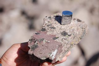 A rock featuring mixed lava collected in Lassen Volcanic National Park.