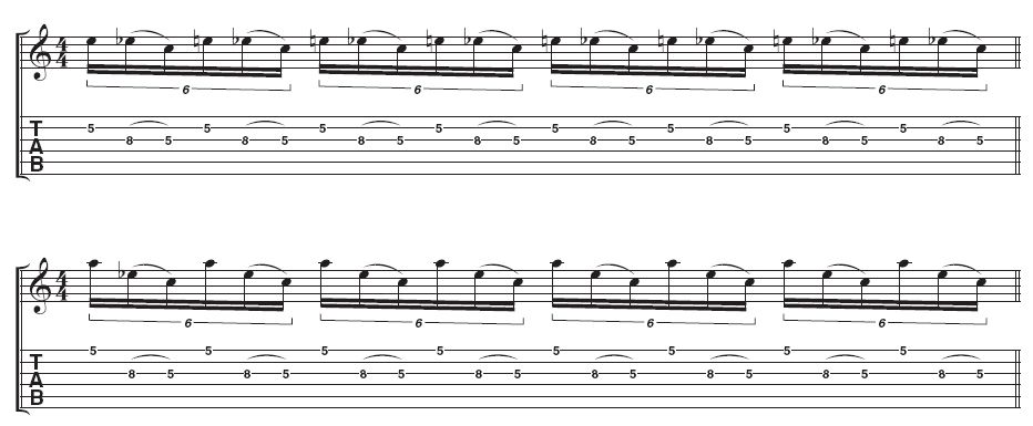 Example 1 - Licks 1 and 2: These repeating licks both use essentially the same technique and picking. Remember to begin with an upstroke.