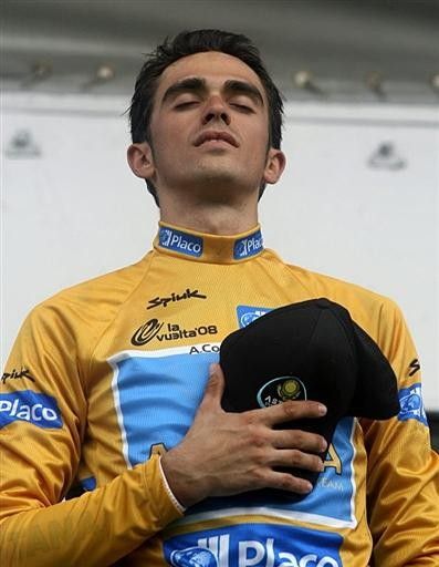 Alberto Contador (Astana) has a solemn moment during the Spanish anthem.
