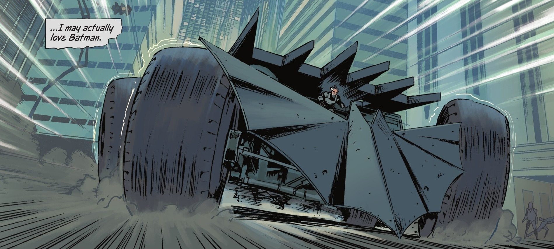 Alfred rides the Batmobile.