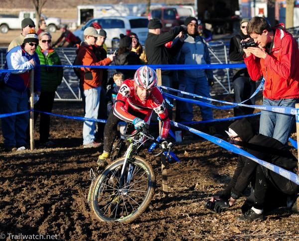 Brian Wilichoski (Cyclocrossworld.com) nearly goes down with one lap to go