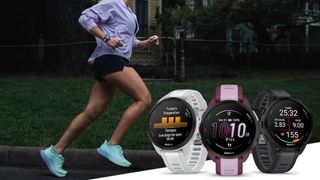 Garmin's hero image on its press release for the Forerunner 165, showing a woman running while wearing the watch, plus three renders of the Forerunner 165 in the bottom-right corner showing a daily workout suggestion, the main watch face, and the data fields showing during a running activity. 