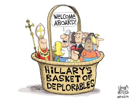 Political cartoon U.S. 2016 election Hillary Clinton Donald Trump deplorables catholics