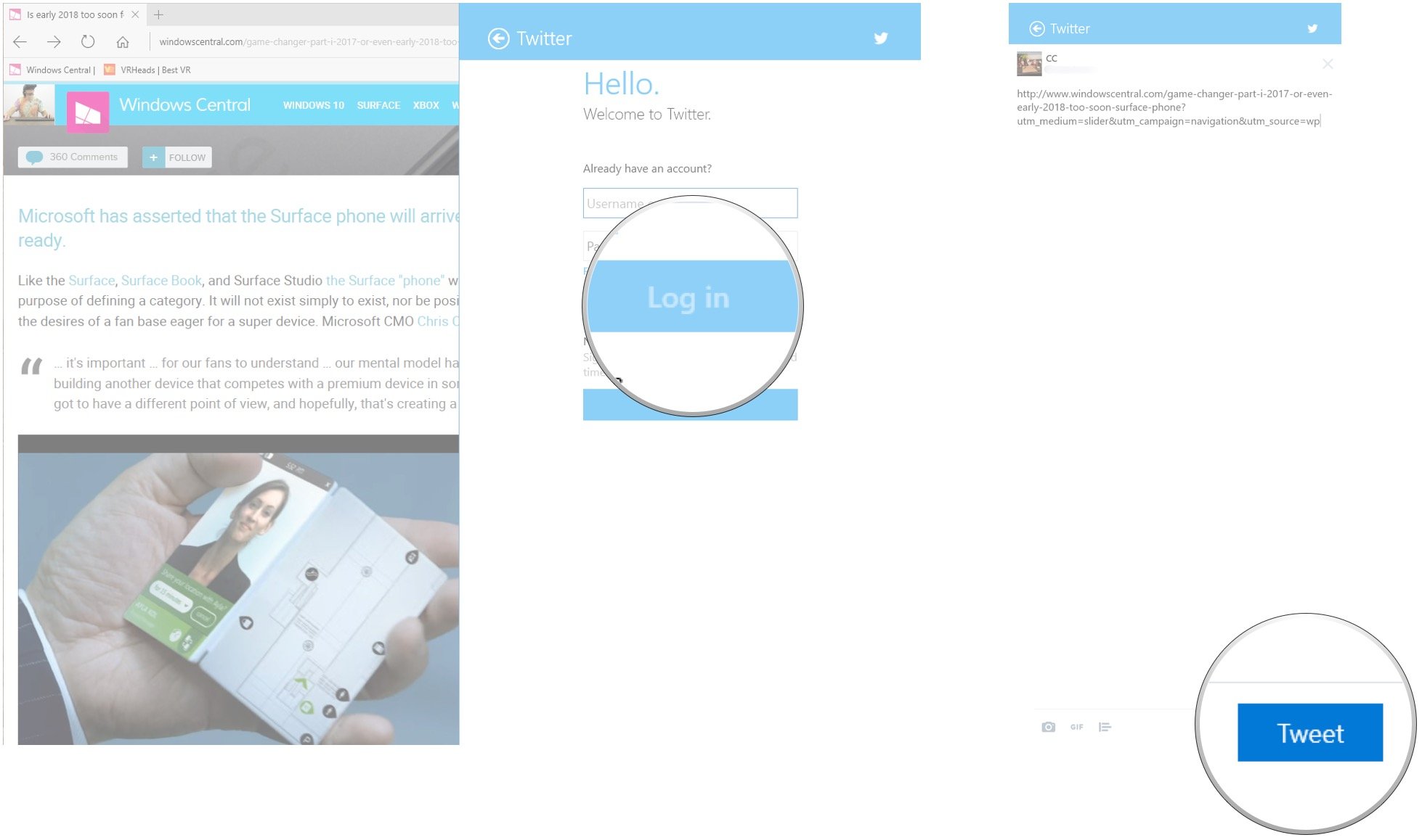 Log in to the app. Click Tweet or share.