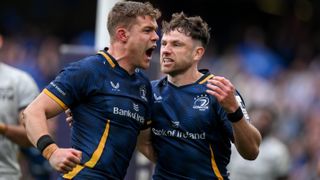 Garry Ringrose of Leinster, left, celebrates with teammate Hugo Keenan after scoring their side's third try during the Investec Champions Cup semi-final match