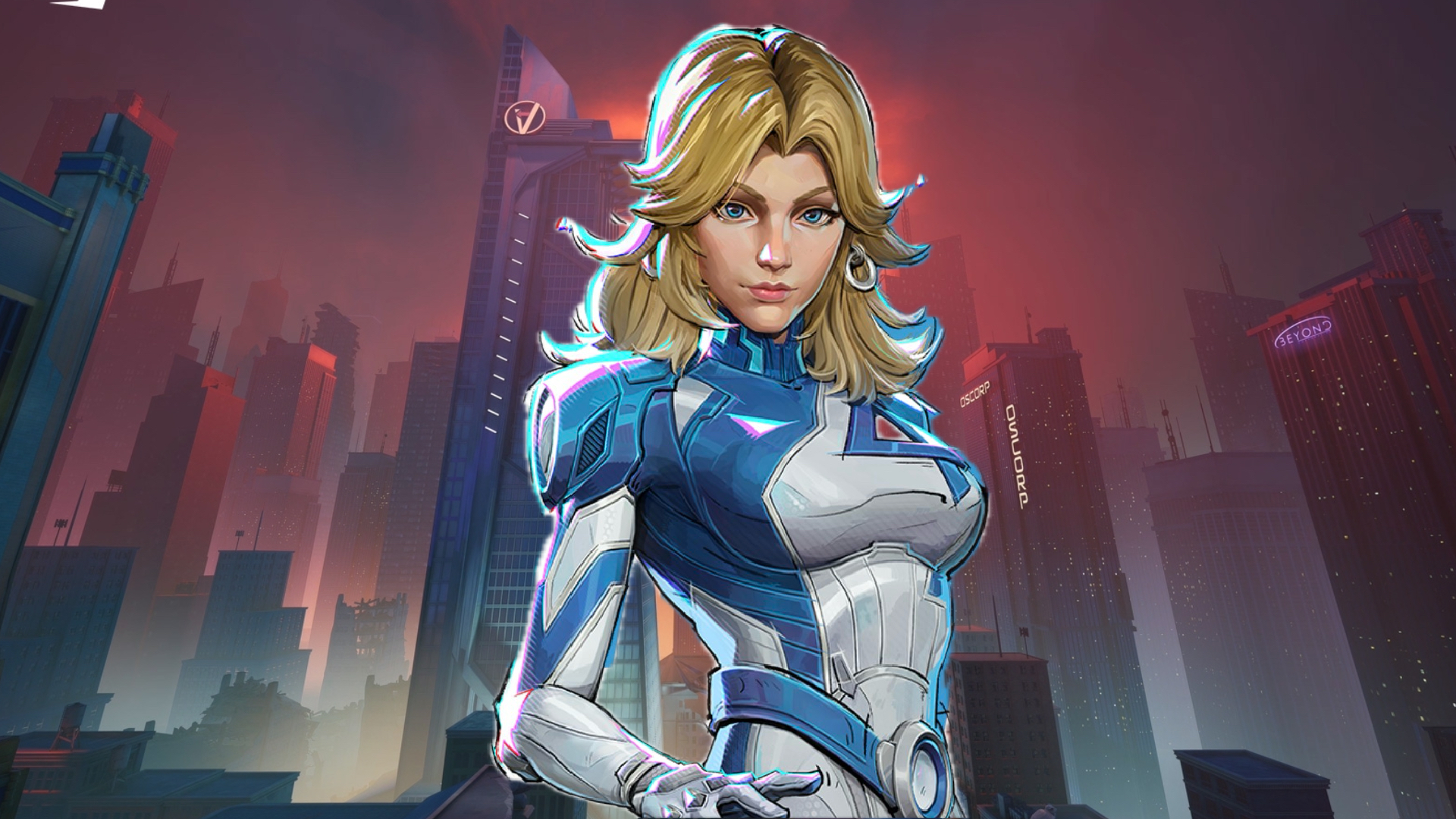 Sue Storm poses against a backdrop of the Baxter Building at night