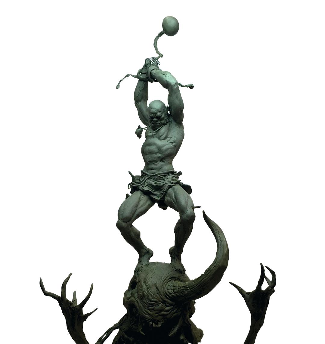 Sculptor Simon Lee; a sculpture of a man standing on a monster