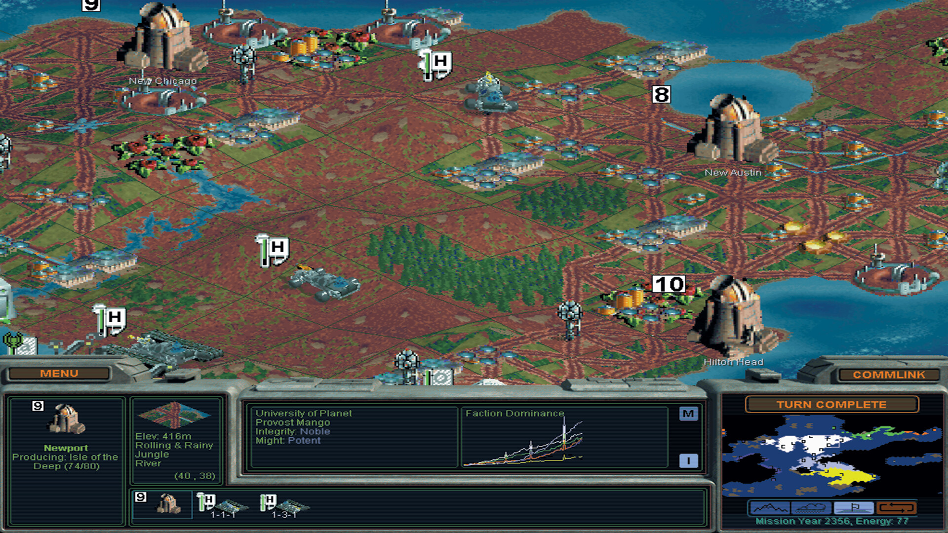 Sid Meier&#039;s Alpha Centauri screenshot showing a settlement on the Isle of Deep which has patches of land and various structures