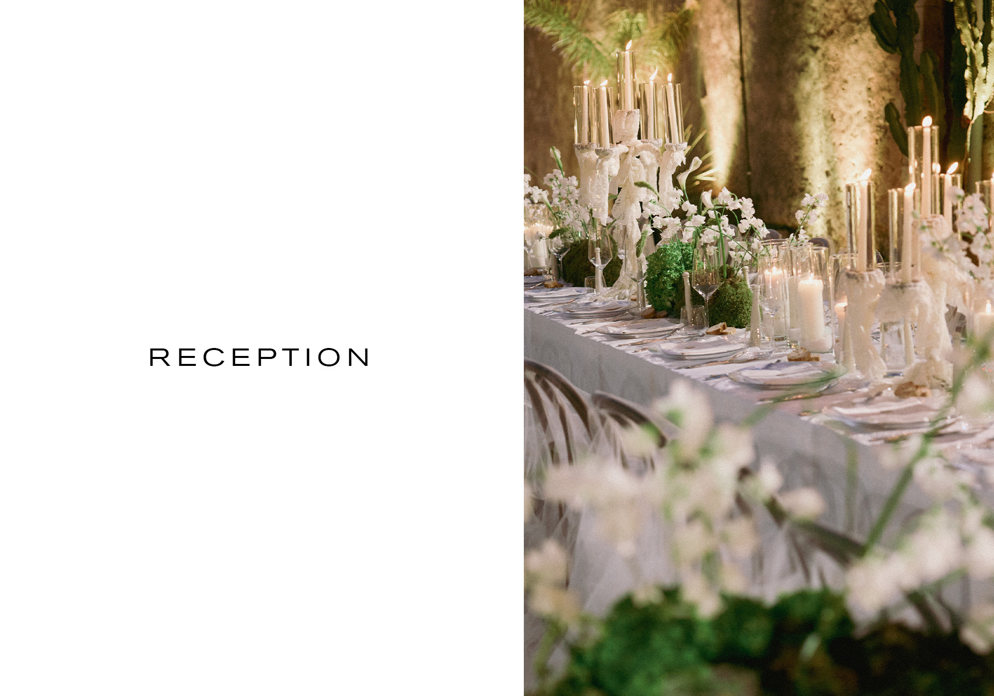 Wedding reception table next to text that reads, "Reception."