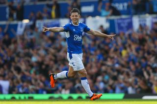 James Tarkowski of Everton celebrates after his side's first goal during the Premier League match between Everton FC and AFC Bournemouth at Goodison Park on May 28, 2023 in Liverpool, England