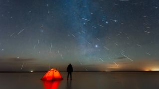 Gemini meteor shower 2018 over lake in Erenhot, Inner Mongolia, China.