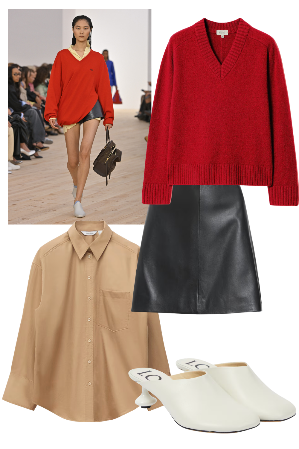 new season colour pairings red Loewe jumper and black leather skirt