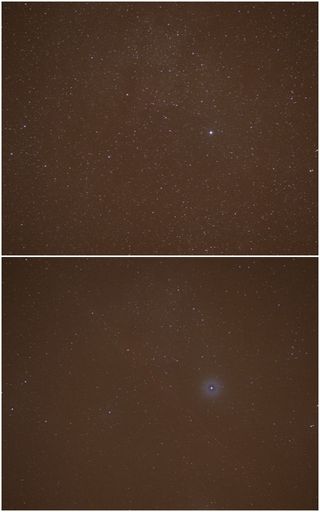 Confronto tra una lente pulita (sopra) e una appannata (sotto) sul campo stellare attorno a Deneb, nella costellazione del Cigno