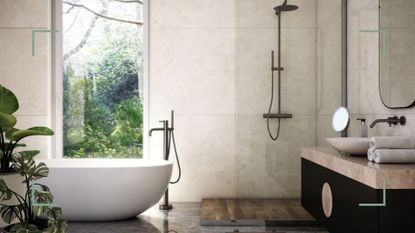 neutral bathroom with freestanding bath and shower with glass enclosure and view with tree views to support w&h article exploring how often should you clean your bathroom