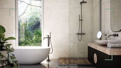 neutral bathroom with freestanding bath and shower with glass enclosure and view with tree views to support w&amp;h article exploring how often should you clean your bathroom