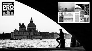 A silhouette of a seated person against a backdrop of a city skyline across water, beside magazine pages