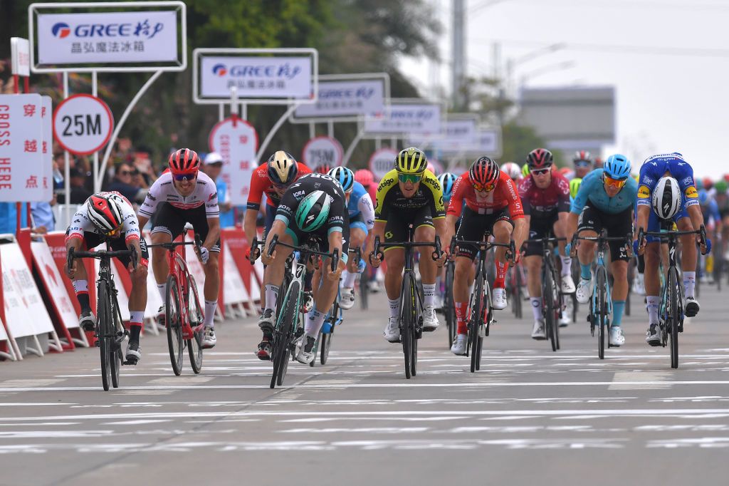 Fernando Gaviria (UAE Team Emirates) pips Pascal Ackermann to the line in Beihai.