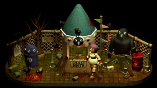 Mara Forest walks in front of the Crow Country ticket booth in a piece of key art that retains the game's rounded low-poly visual style, but smashes together other elements of the theme park - such as a crow statue, gore puddles, dead trees, and explosive barrels - together in a way that isn't true of the actual space in-game, but conveys what to expect therein