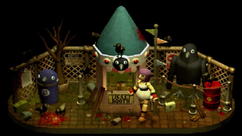 Mara Forest walks in front of the Crow Country ticket booth in a piece of key art that retains the game&#039;s rounded low-poly visual style, but smashes together other elements of the theme park - such as a crow statue, gore puddles, dead trees, and explosive barrels - together in a way that isn&#039;t true of the actual space in-game, but conveys what to expect therein