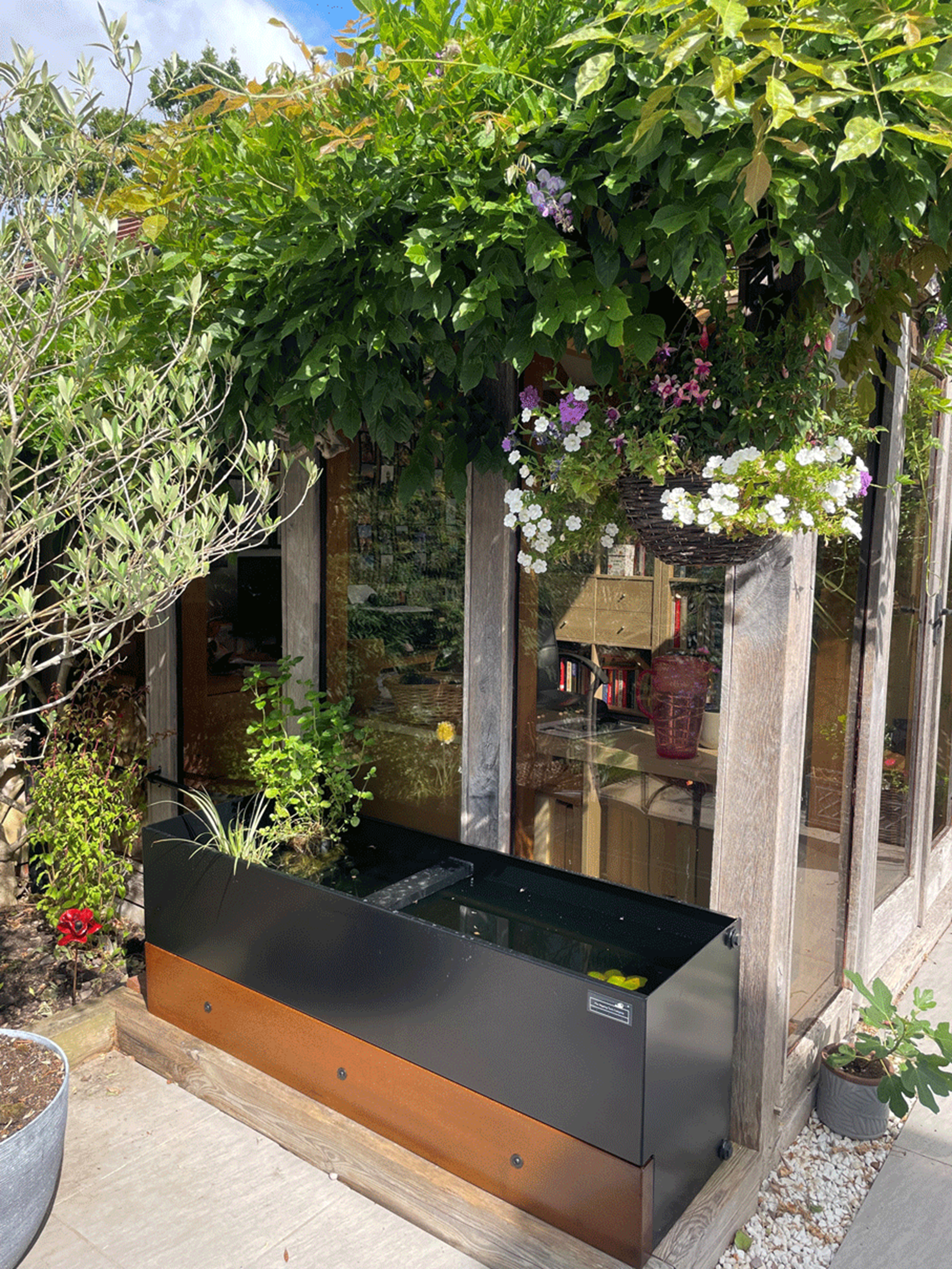 a dipping tank in a garden next to an outdoor structure surrounded by plants