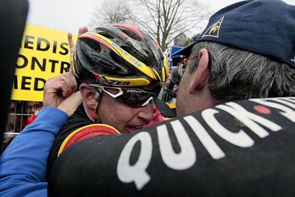 Devolder is hugged by staff right after the race.