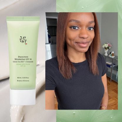 a woman with short back hair in a black t shirt on a green background next to a bottle of green sunscreen