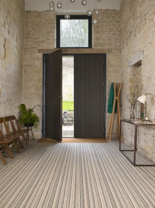 farmhouse entryway/hallway with stripe carpet, coat rack