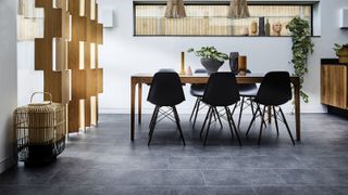 modern dining room with window and grey vinyl flooring