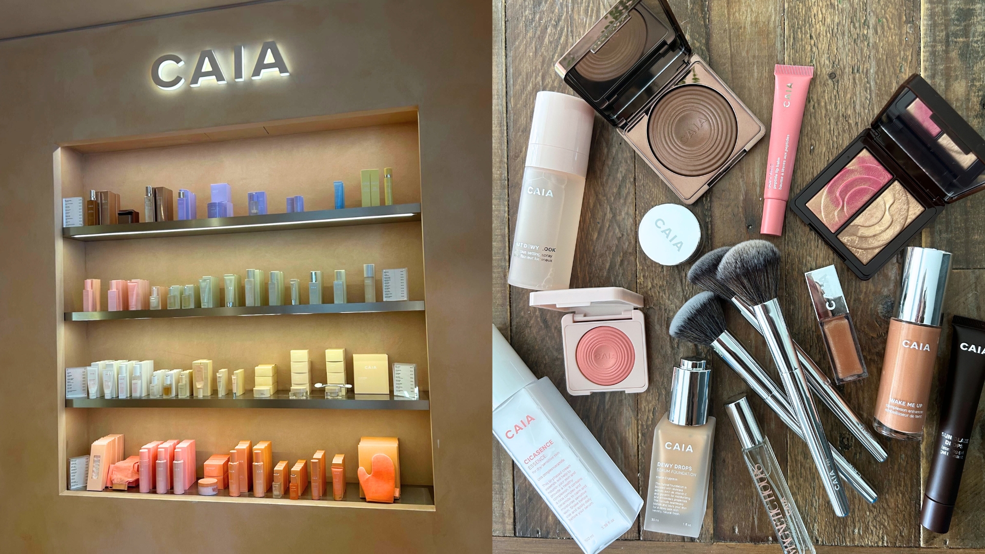 Shelves stocked with colour-coordinating products in the CAIA Stockholm store (L) and the CAIA products Sennen brought home with her (R)