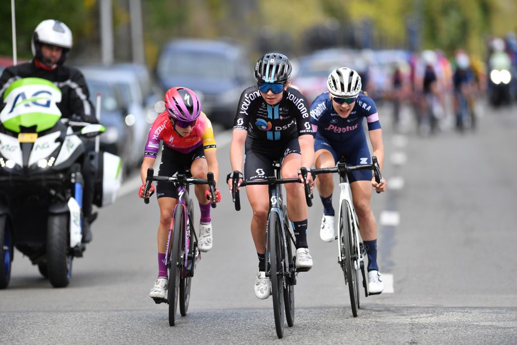 HUY BELGIUM APRIL 20 LR Niamh FisherBlack of New Zealand and Team SD Worx Liane Lippert of Germany and Team DSM and Yara Kastelijn of Netherlands and Team PlanturPura compete in the breakaway during the 25th La Flche Wallonne 2022 Womens Elite a 1334km one day race from Huy to Mur de Huy FlecheWallonne FWwomen on April 20 2022 in Huy Belgium Photo by Luc ClaessenGetty Images