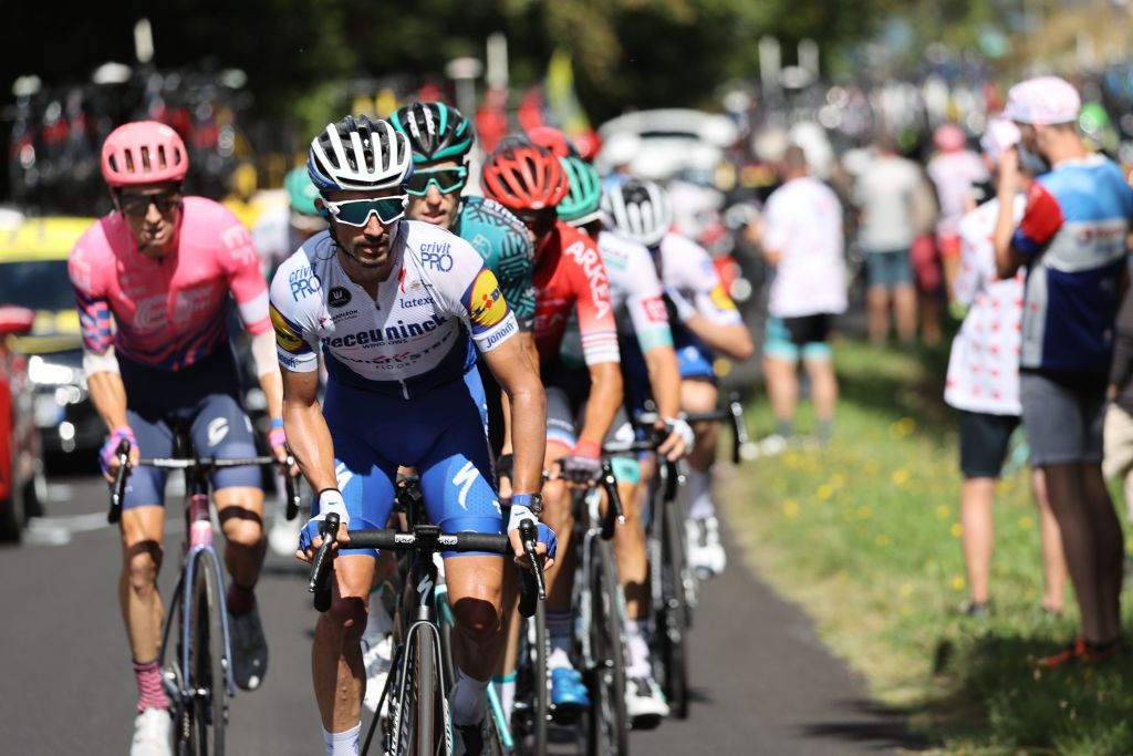Team Deceuninck rider Frances Julian Alaphilippe leads the escapees during the 13th stage of the 107th edition of the Tour de France cycling race 191 km between ChatelGuyon and Puy Mary on September 11 2020 Photo by KENZO TRIBOUILLARD AFP Photo by KENZO TRIBOUILLARDAFP via Getty Images
