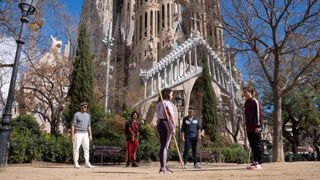 Members of the Miyagi-Do train outside the Basílica de la Sagrada Familia in Cobra Kai season 6 part 2