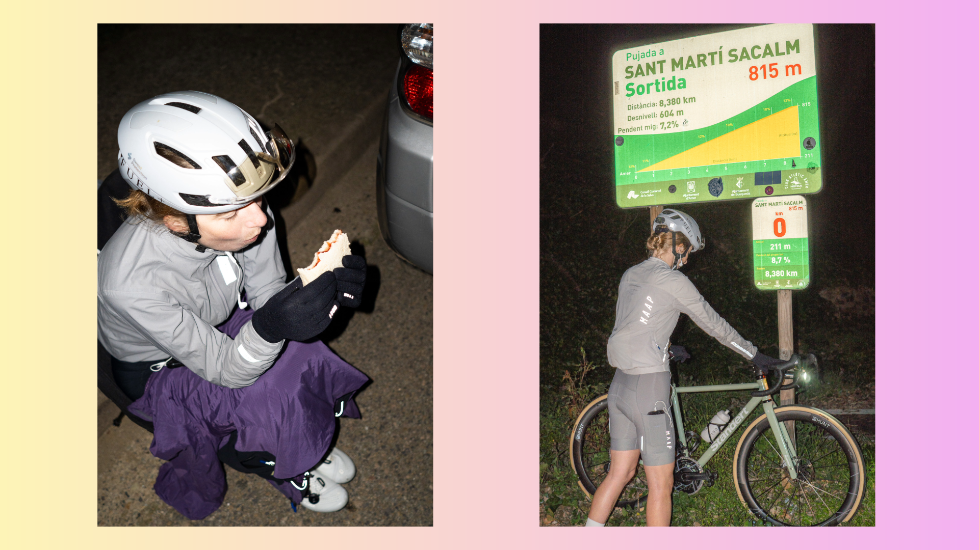 Two photos of Millie below a sign and eating a sandwich