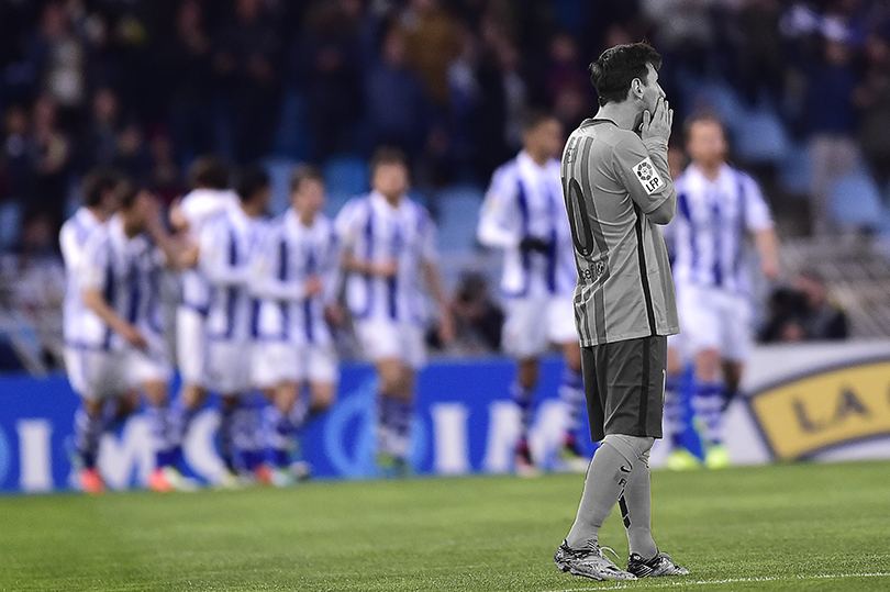 Lionel Messi reacts in Barcelona&#039;s defeat at Real Sociedad