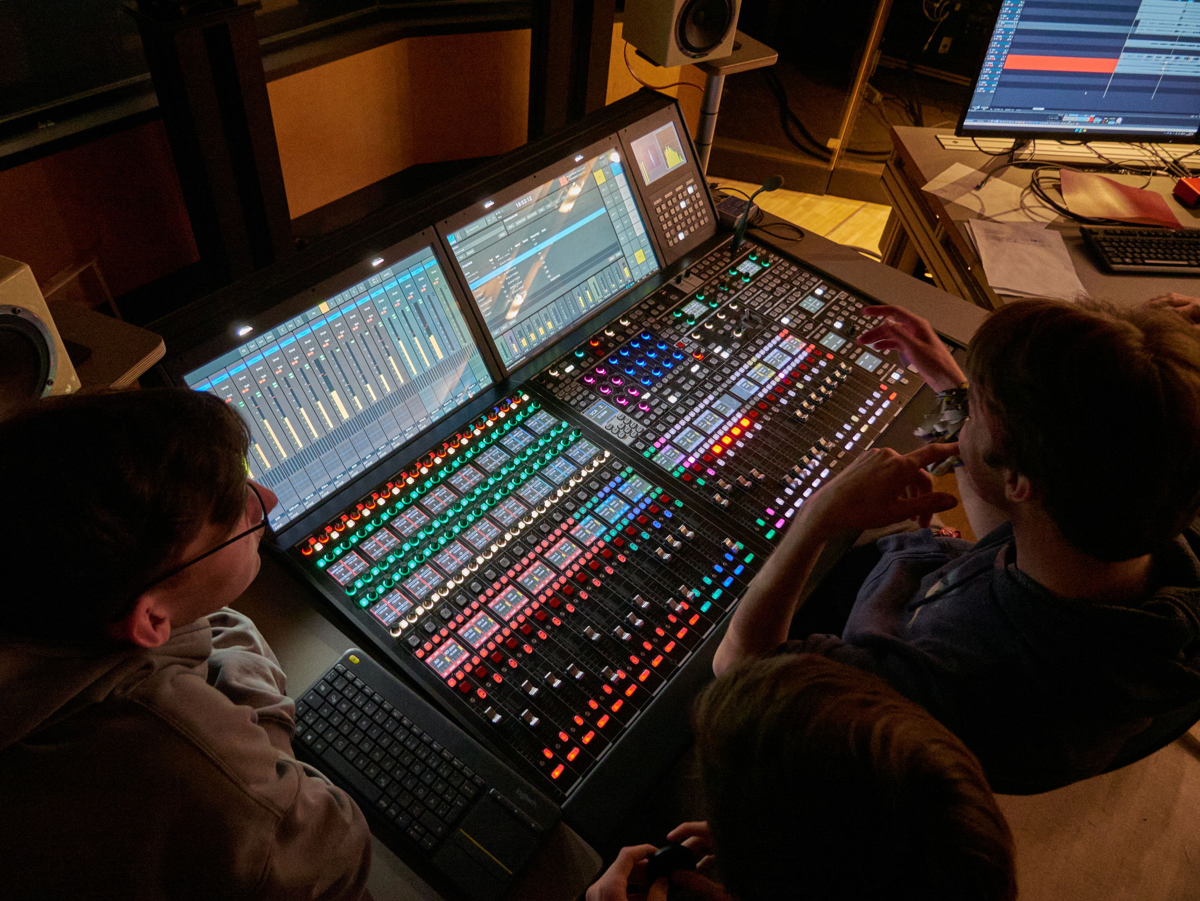 Students using a Lawo console in the university&#039;s new recording studio
