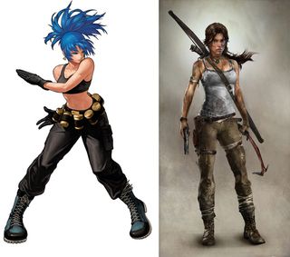Athayde chose to reimagine Leona Heidern (left) from the King of Fighters series, using Lara Croft (right) as a main reference