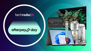 Assortment of tech on a blue and green gradient background. The Afterpay Day logo is in a white ellipses on the left.