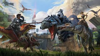Arca: Cheats evoluídos de sobrevivência: Riders montados andam um raptor, trike, t rex e baryonyx uns contra os outros