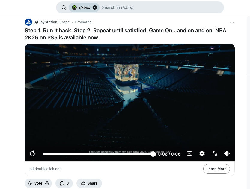 A PlayStation 5 ad on the Xbox reddit