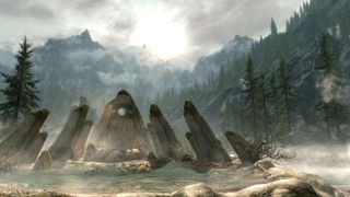 Best Skyrim mod — a screenshot of one of Skyrim's standing stones, made more immersive thanks to the Immersive HUD mod hiding the interface while out of combat