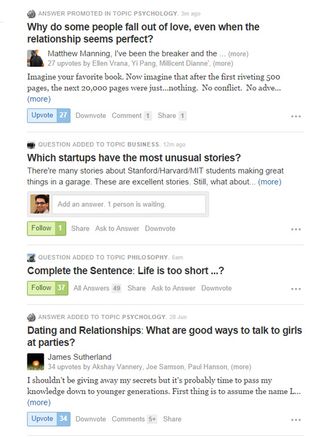 Quora also provides an overview of friends' recent activity via a feed