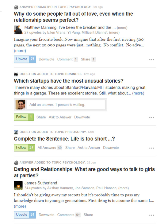 Quora also provides an overview of friends' recent activity via a feed