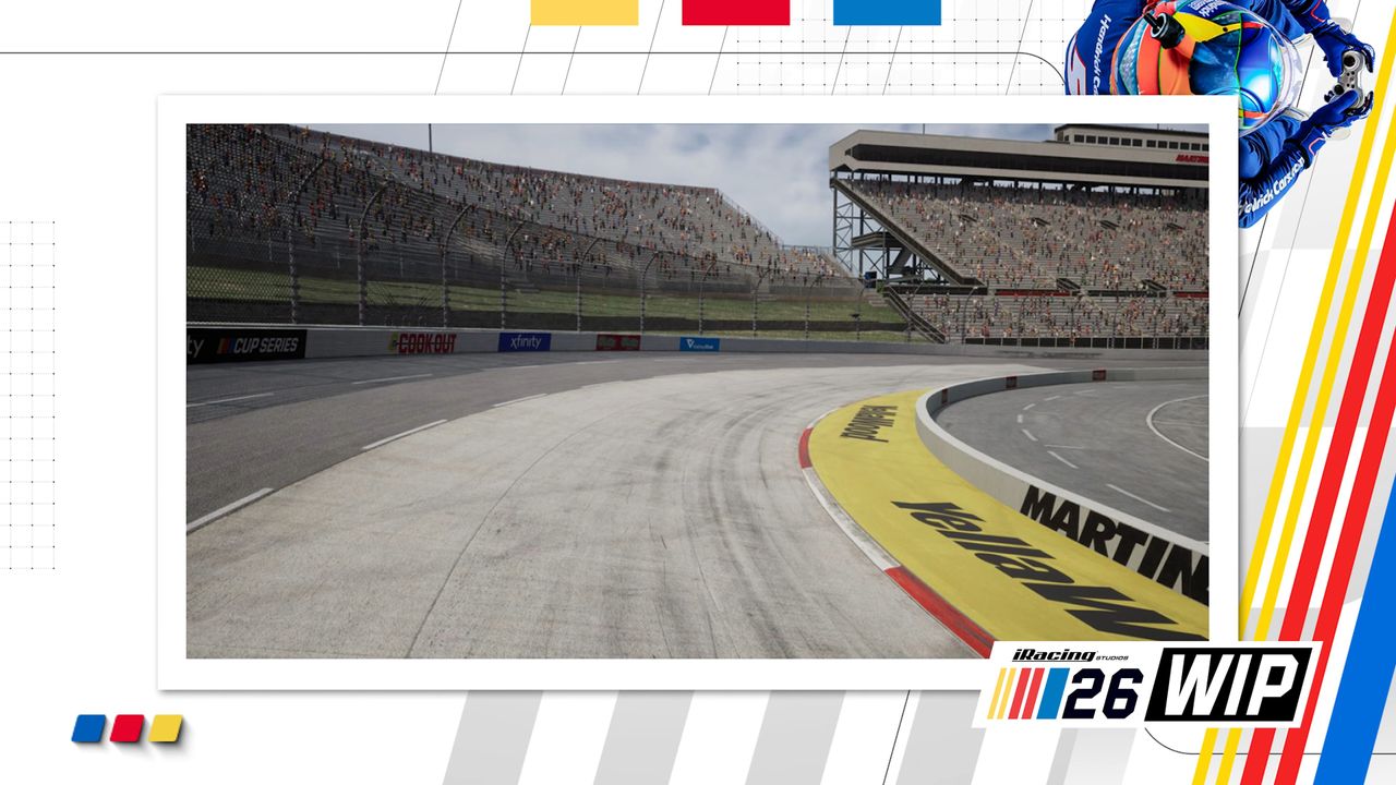 Screenshots of the new Dynamic Track feature in NASCAR 26 showing how the surface condition at Martinsville changes through the course of a race.