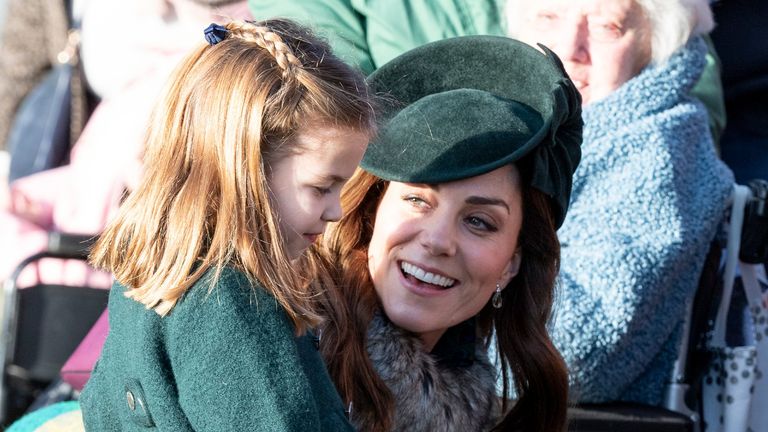 Princess Charlotte of Cambridge and Catherine, Duchess of Cambridge attend the Christmas Day Church service at Church of St Mary Magdalene on the Sandringham estate on December 25, 2019 in King's Lynn, United Kingdom