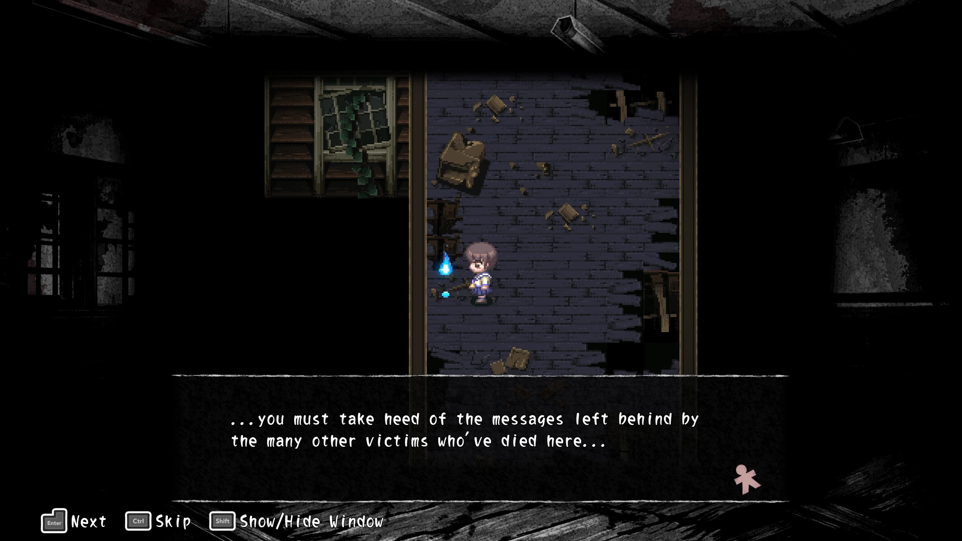 Investigating a school hallway in Corpse Party 2021, and finding an echo of someone else who died there