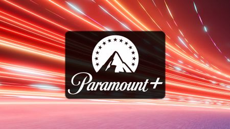 Paramount+ logo on a red speeding background