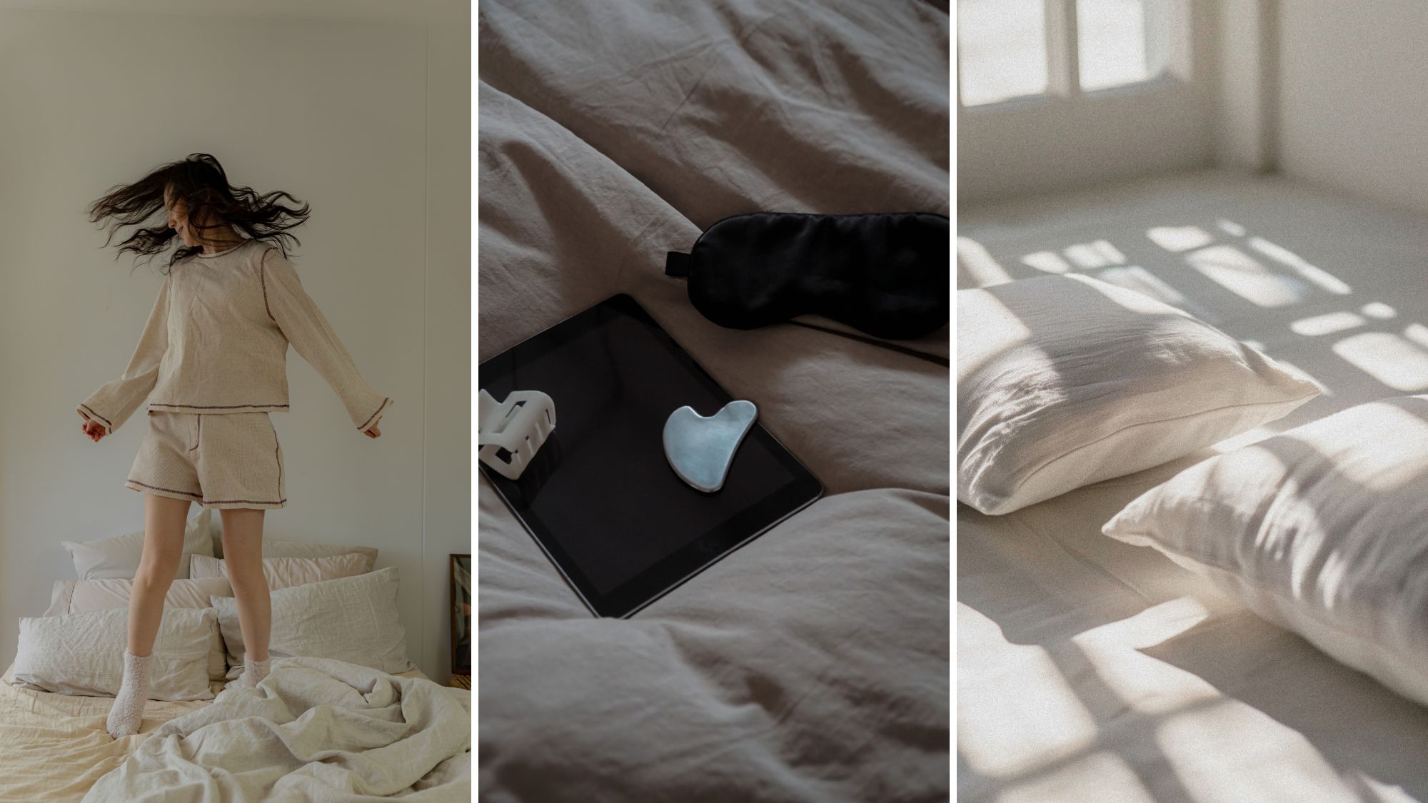 A woman jumping on the bed; fluffy pillows and a gua sha.