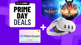 Newegg's Meta Quest 3 bundle with a purple Prime Day deals background