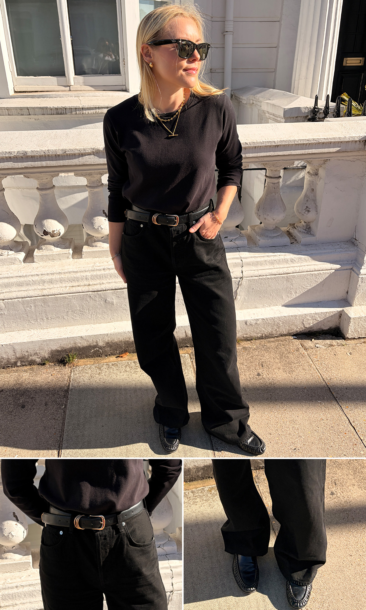 Woman wears black top, black jeans, black loafers